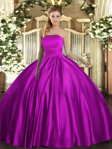 High End Sleeveless Satin Floor Length Lace Up Quinceanera Dresses in Fuchsia with Ruching
