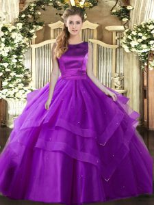 Affordable Scoop Sleeveless Sweet 16 Quinceanera Dress Floor Length Ruffled Layers Eggplant Purple Tulle