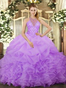 Unique Lavender Lace Up Halter Top Beading and Ruffles and Pick Ups Sweet 16 Quinceanera Dress Organza Sleeveless