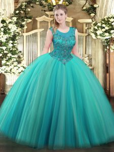 Fantastic Scoop Sleeveless Quinceanera Dresses Floor Length Beading Turquoise Tulle