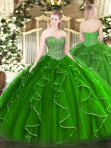 Green Ball Gowns Sweetheart Sleeveless Tulle Floor Length Lace Up Beading and Ruffles Ball Gown Prom Dress
