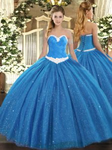 Great Blue Tulle Lace Up Sweet 16 Quinceanera Dress Sleeveless Floor Length Appliques