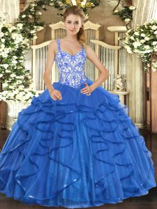 Blue Lace Up Straps Beading and Appliques and Ruffles 15 Quinceanera Dress Tulle Sleeveless
