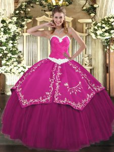 Elegant Sleeveless Satin and Tulle Floor Length Lace Up Quinceanera Dresses in Fuchsia with Appliques and Embroidery