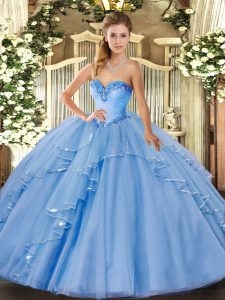 Blue Sleeveless Beading and Ruffles Floor Length 15th Birthday Dress