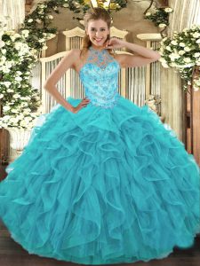 Stylish Aqua Blue Halter Top Neckline Beading and Embroidery and Ruffles Sweet 16 Dress Sleeveless Lace Up