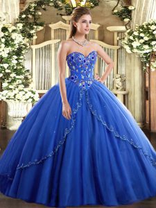 Glamorous Blue Sweetheart Lace Up Appliques and Embroidery Vestidos de Quinceanera Brush Train Sleeveless