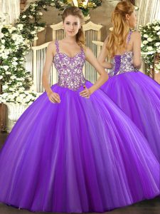 Fitting Lavender Straps Lace Up Beading and Appliques Quinceanera Dress Sleeveless