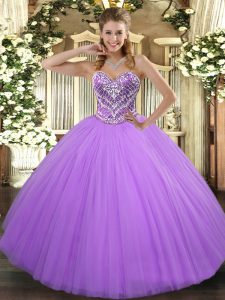 Lovely Lavender Sleeveless Tulle Lace Up Quinceanera Gowns for Military Ball and Sweet 16 and Quinceanera