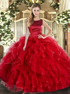 Floor Length Red Quinceanera Dress Scoop Sleeveless Lace Up