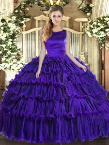 Purple Organza Lace Up Scoop Sleeveless Floor Length Vestidos de Quinceanera Ruffled Layers