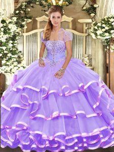 Lavender Lace Up Quinceanera Gown Beading and Ruffled Layers Sleeveless Floor Length