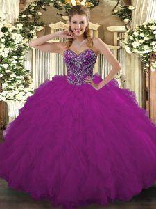 Fuchsia Lace Up Ball Gown Prom Dress Beading and Ruffled Layers Sleeveless Floor Length