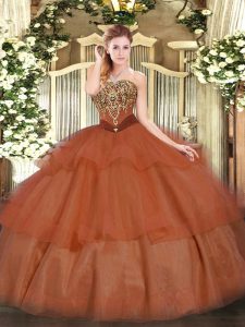 Suitable Strapless Sleeveless Tulle Sweet 16 Dresses Beading and Ruffled Layers Lace Up