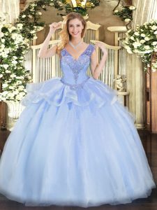 Glamorous Lavender Ball Gowns V-neck Sleeveless Tulle Floor Length Lace Up Beading Quinceanera Dress