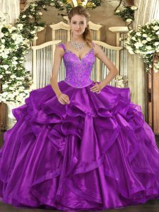 Purple Ball Gowns Straps Sleeveless Organza Floor Length Lace Up Beading and Ruffles Sweet 16 Dress