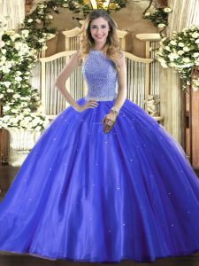 New Arrival Blue Ball Gowns High-neck Sleeveless Tulle Floor Length Lace Up Beading Ball Gown Prom Dress