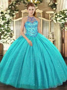 Best Selling Aqua Blue Sleeveless Beading and Embroidery Floor Length Sweet 16 Dress