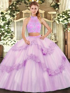 Inexpensive Lilac Tulle Criss Cross Quince Ball Gowns Sleeveless Floor Length Beading and Appliques and Ruffles