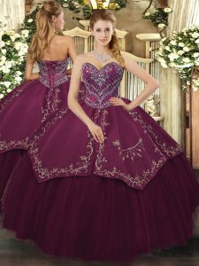 Burgundy Ball Gowns Beading and Pattern Vestidos de Quinceanera Lace Up Taffeta and Tulle Sleeveless Floor Length
