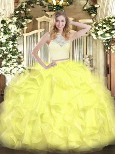 Simple Yellow Sleeveless Floor Length Lace and Ruffles Zipper Quinceanera Dress