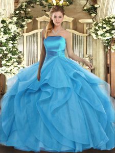 Baby Blue Strapless Lace Up Ruffles Ball Gown Prom Dress Sleeveless