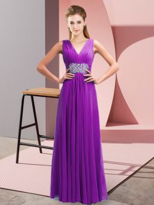 Affordable Purple Empire V-neck Sleeveless Chiffon Floor Length Side Zipper Beading and Ruching Prom Dress