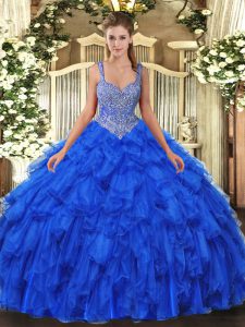 Royal Blue Straps Lace Up Beading and Ruffles Quinceanera Dresses Sleeveless