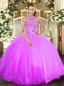 Lilac Lace Up Quinceanera Dresses Beading and Embroidery Sleeveless Floor Length