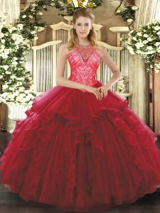 Wine Red Sleeveless Organza Lace Up Quinceanera Gowns for Military Ball and Sweet 16 and Quinceanera