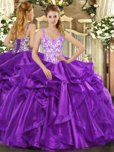 Eggplant Purple Ball Gowns Straps Sleeveless Organza Floor Length Lace Up Beading and Appliques and Ruffles Sweet 16 Dress