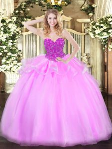 Baby Pink Ball Gowns Sweetheart Sleeveless Organza Floor Length Lace Up Beading 15 Quinceanera Dress