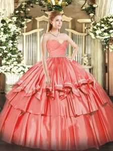 Sleeveless Organza Floor Length Zipper Quinceanera Dress in Watermelon Red with Beading and Lace and Ruffled Layers