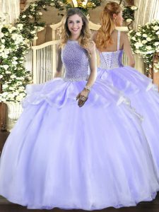 Exceptional Lavender Ball Gowns Square Sleeveless Organza Floor Length Lace Up Beading Quinceanera Dresses