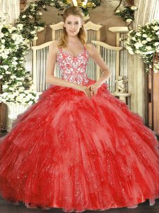 Super Coral Red Straps Lace Up Beading and Ruffles Vestidos de Quinceanera Sleeveless
