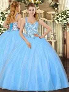 Sleeveless Floor Length Beading and Appliques Lace Up Quince Ball Gowns with Baby Blue