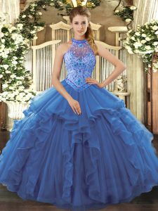 Blue Quinceanera Gown Sweet 16 and Quinceanera with Beading and Embroidery and Ruffles Halter Top Sleeveless Lace Up