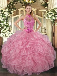 Exquisite Halter Top Sleeveless Quinceanera Dress Floor Length Embroidery and Ruffles Baby Pink Organza