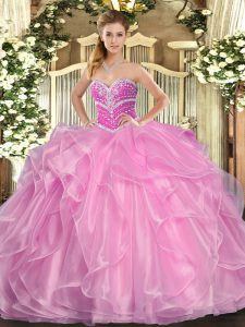 Lovely Sleeveless Floor Length Beading and Ruffles Lace Up Sweet 16 Dress with Lilac