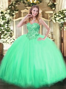 Decent Ball Gowns Vestidos de Quinceanera Apple Green Sweetheart Tulle Sleeveless Floor Length Lace Up