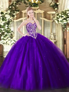 Sweetheart Sleeveless Quinceanera Dress Floor Length Beading Purple Tulle