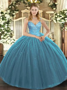 Chic Teal Ball Gowns Tulle V-neck Sleeveless Beading Floor Length Lace Up Quince Ball Gowns