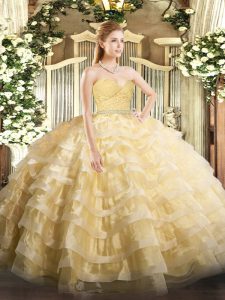Clearance Gold Zipper Vestidos de Quinceanera Beading and Lace and Ruffled Layers Sleeveless Floor Length