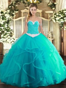 Lovely Turquoise Lace Up Sweet 16 Quinceanera Dress Appliques and Ruffles Sleeveless Floor Length