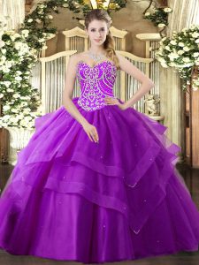 Purple Sleeveless Floor Length Beading and Ruffled Layers Lace Up Sweet 16 Dress