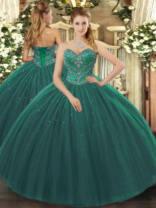 Sweet Dark Green Sleeveless Beading Floor Length 15th Birthday Dress