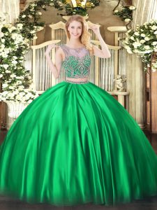 Great Scoop Sleeveless Lace Up Quinceanera Dress Green Satin