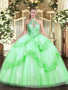 Graceful Apple Green Ball Gowns Halter Top Sleeveless Tulle Floor Length Lace Up Appliques and Sequins 15th Birthday Dress