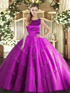 Fuchsia Sleeveless Floor Length Appliques Lace Up Quinceanera Gown