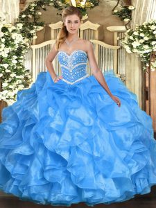 Pretty Organza Sleeveless Floor Length Quince Ball Gowns and Beading and Ruffles